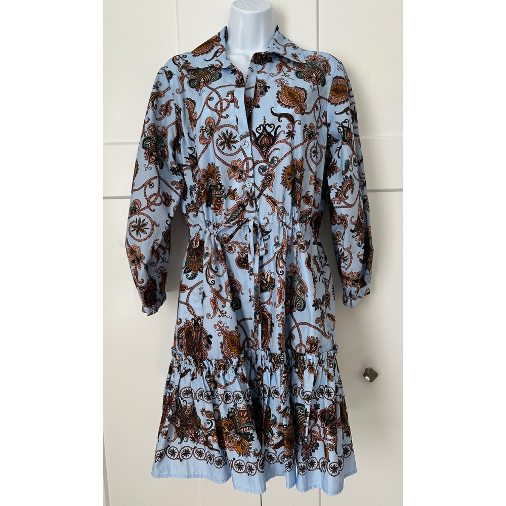 Cara Cara Robin Paisley Cotton Tiered Ruffle Mini Shirt Dress Marcel Blue Medium